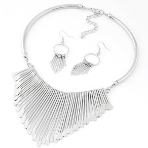 Western High Fashion Waterdrops Dripping Statement Fashion Necklace and Earrings Set - Silver