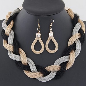 Weaving Dough Twist Design Fashion Alloy Necklace and Earrings Set - Golden Silver and Black