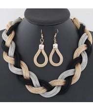 Weaving Dough Twist Design Fashion Alloy Necklace and Earrings Set - Golden Silver and Black
