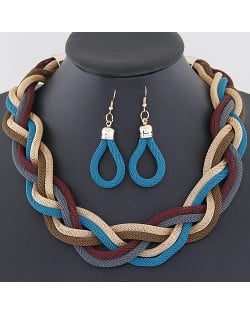 Weaving Dough Twist Design Fashion Alloy Necklace and Earrings Set - Blue and Brown