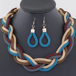 Weaving Dough Twist Design Fashion Alloy Necklace and Earrings Set - Blue and Brown