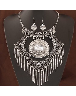Giant Gem Inlaid Hollow Round Pendant with Vintage Floral Arch Pendant Tassel Fashion Necklace and Earrings Set - Silver