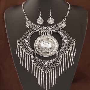 Giant Gem Inlaid Hollow Round Pendant with Vintage Floral Arch Pendant Tassel Fashion Necklace and Earrings Set - Silver