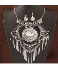 Giant Gem Inlaid Hollow Round Pendant with Vintage Floral Arch Pendant Tassel Fashion Necklace and Earrings Set - Silver