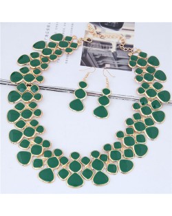 Oil-spot Glazed Unique Fashion Flower Cluster Design Alloy Costume Necklace and Earrings Set - Green
