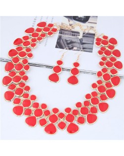 Oil-spot Glazed Unique Fashion Flower Cluster Design Alloy Costume Necklace and Earrings Set - Red