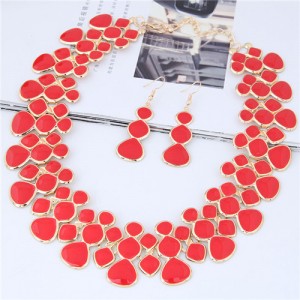 Oil-spot Glazed Unique Fashion Flower Cluster Design Alloy Costume Necklace and Earrings Set - Red