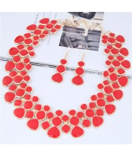 Oil-spot Glazed Unique Fashion Flower Cluster Design Alloy Costume Necklace and Earrings Set - Red
