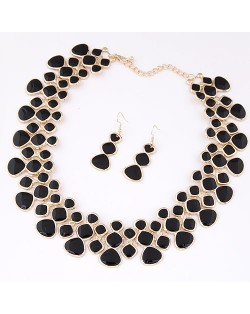 Oil-spot Glazed Unique Fashion Flower Cluster Design Alloy Costume Necklace and Earrings Set - Black