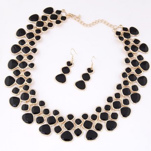 Oil-spot Glazed Unique Fashion Flower Cluster Design Alloy Costume Necklace and Earrings Set - Black