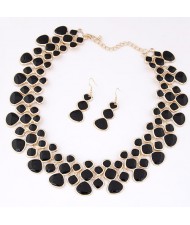 Oil-spot Glazed Unique Fashion Flower Cluster Design Alloy Costume Necklace and Earrings Set - Black