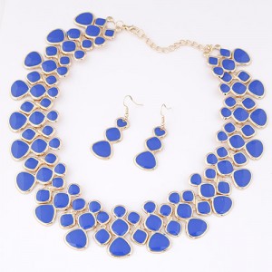 Oil-spot Glazed Unique Fashion Flower Cluster Design Alloy Costume Necklace and Earrings Set - Blue