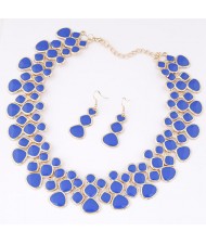 Oil-spot Glazed Unique Fashion Flower Cluster Design Alloy Costume Necklace and Earrings Set - Blue