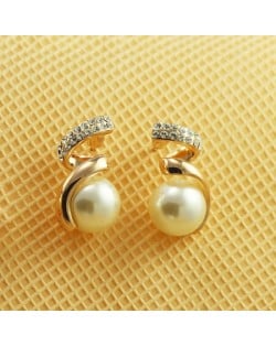 Rhinestone Embellished Rose Gold Curving Style Pearl Ear Studs