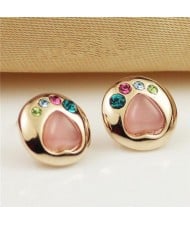 Rhinestone Embellished Heart Opal Design Rose Gold Plated Ear Studs - Pink