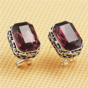 Floral Engraving Platinum Plated Base with Rectangular Crystal Embedded Ear Studs - Purple