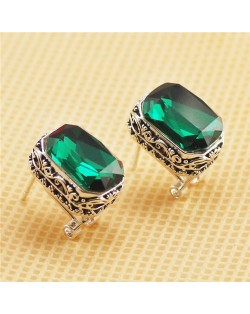 Floral Engraving Platinum Plated Base with Rectangular Crystal Embedded Ear Studs - Green