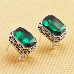 Floral Engraving Platinum Plated Base with Rectangular Crystal Embedded Ear Studs - Green