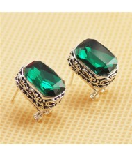 Floral Engraving Platinum Plated Base with Rectangular Crystal Embedded Ear Studs - Green