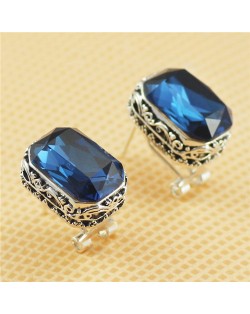 Floral Engraving Platinum Plated Base with Rectangular Crystal Embedded Ear Studs - Blue