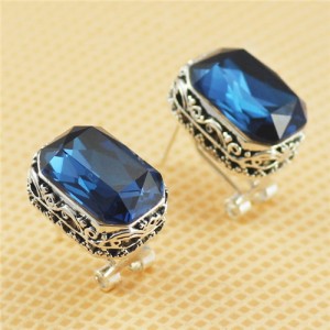 Floral Engraving Platinum Plated Base with Rectangular Crystal Embedded Ear Studs - Blue