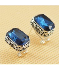 Floral Engraving Platinum Plated Base with Rectangular Crystal Embedded Ear Studs - Blue