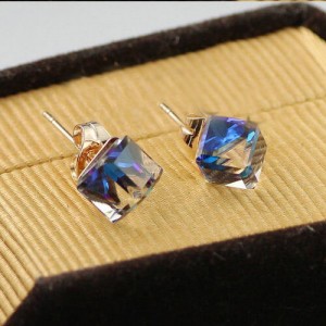 Gradient Color Austrian Crystal Cubic Rose Gold Ear Studs - Blue