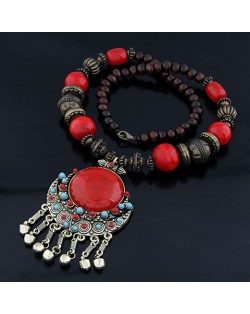 Bohemian Ethnic Beading Design Round Gem Pendant with Tiny Bells Necklace - Red