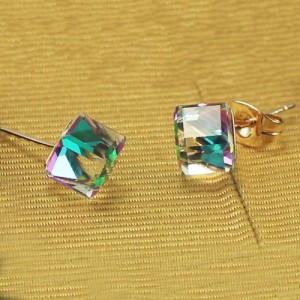 Gradient Color Austrian Crystal Cubic Rose Gold Ear Studs - Green