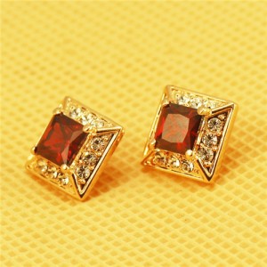 Ruby Centered with Rhinestone Embellished Square Rose Gold Ear Studs