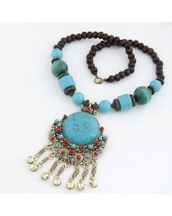 Bohemian Ethnic Beading Design Round Gem Pendant with Tiny Bells Necklace - Blue