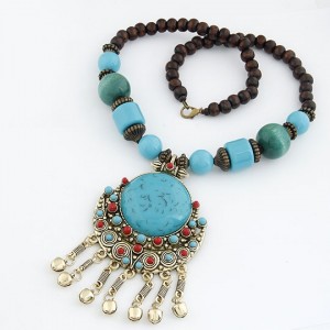 Bohemian Ethnic Beading Design Round Gem Pendant with Tiny Bells Necklace - Blue