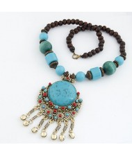 Bohemian Ethnic Beading Design Round Gem Pendant with Tiny Bells Necklace - Blue