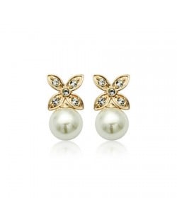 Rhinestone Clover Attached Pearl Rose Gold Ear Studs