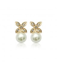 Rhinestone Clover Attached Pearl Rose Gold Ear Studs