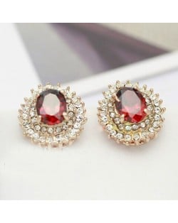 Austrian Crystal and Rhinestone Embellished Oval Shape Splendid Rose Gold Earrings - Red