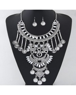Resin Gems and Coin Pendants Lucky Birds Theme Statement Fashion Necklace and Earrings Set - White