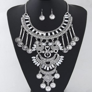 Resin Gems and Coin Pendants Lucky Birds Theme Statement Fashion Necklace and Earrings Set - White