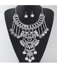Resin Gems and Coin Pendants Lucky Birds Theme Statement Fashion Necklace and Earrings Set - White