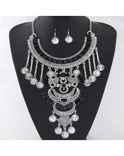 Resin Gems and Coin Pendants Lucky Birds Theme Statement Fashion Necklace and Earrings Set - Black