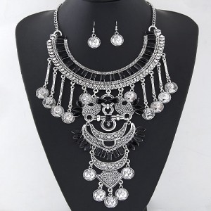 Resin Gems and Coin Pendants Lucky Birds Theme Statement Fashion Necklace and Earrings Set - Black