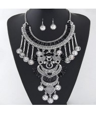 Resin Gems and Coin Pendants Lucky Birds Theme Statement Fashion Necklace and Earrings Set - Black