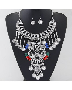 Resin Gems and Coin Pendants Lucky Birds Theme Statement Fashion Necklace and Earrings Set - Multicolor