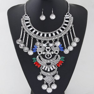Resin Gems and Coin Pendants Lucky Birds Theme Statement Fashion Necklace and Earrings Set - Multicolor