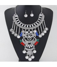 Resin Gems and Coin Pendants Lucky Birds Theme Statement Fashion Necklace and Earrings Set - Multicolor