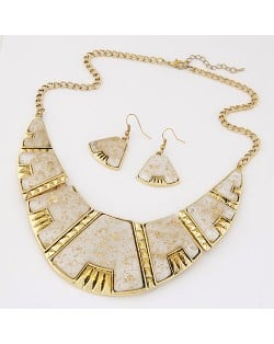 Golden Spots Embellished Arch Shape Statement Fashion Necklace and Earrings Set - White