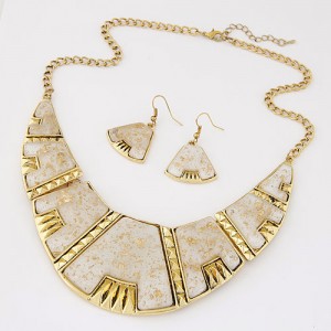 Golden Spots Embellished Arch Shape Statement Fashion Necklace and Earrings Set - White