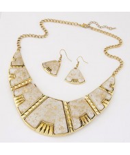 Golden Spots Embellished Arch Shape Statement Fashion Necklace and Earrings Set - White