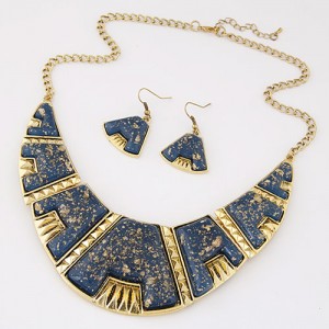 Golden Spots Embellished Arch Shape Statement Fashion Necklace and Earrings Set - Royal Blue