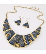Golden Spots Embellished Arch Shape Statement Fashion Necklace and Earrings Set - Royal Blue